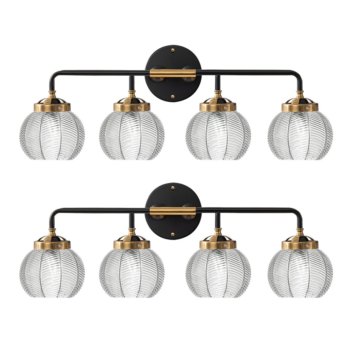 4-Light Black Gold Bathroom Light Fixture Vanity Light Sconces Wall Decor Set of 2 with Clear Glass Ribbed Globe Shade Bathroom Vanity Lights Above Mirror for Powder Room Farmhouse