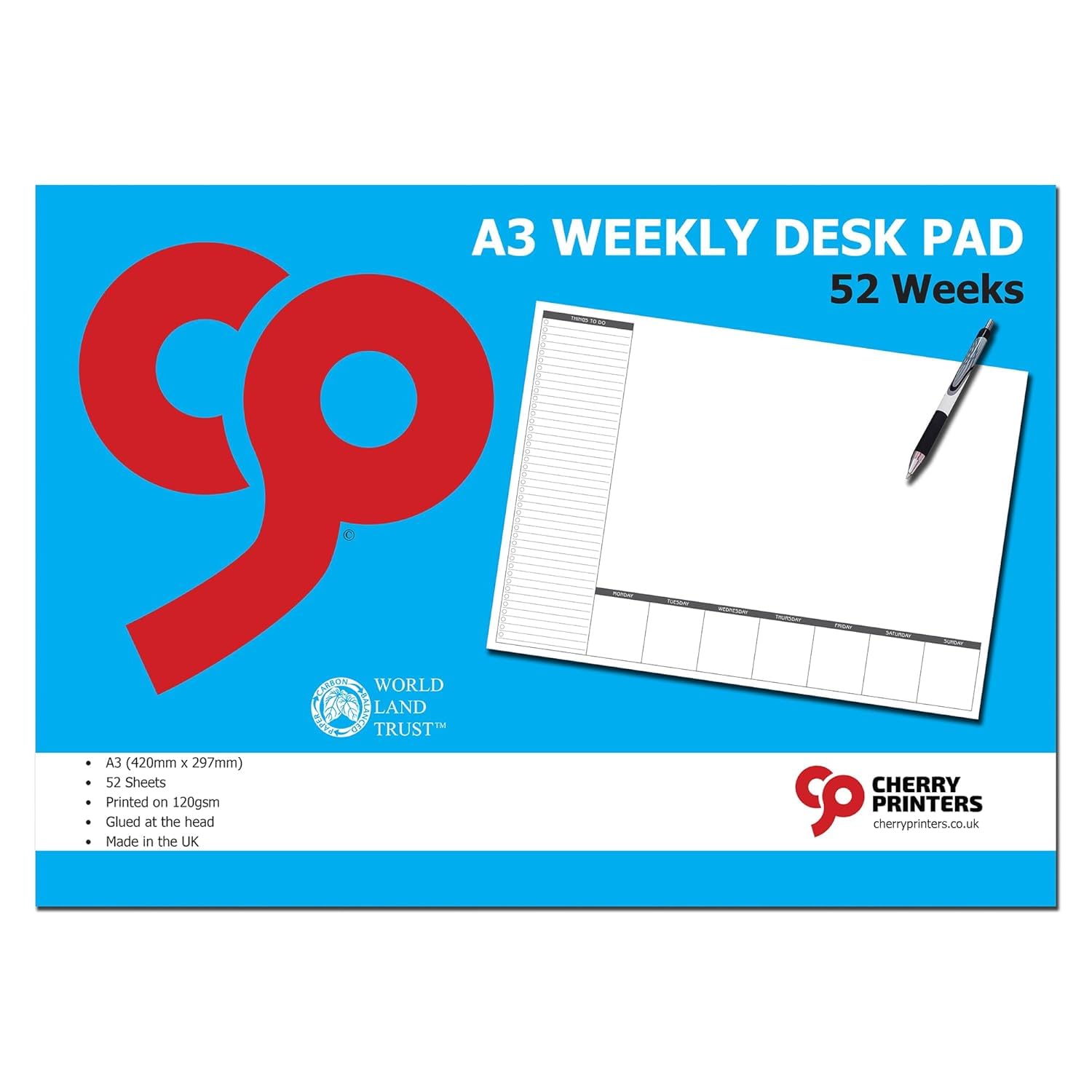 Cherry Printers A3 Weekly Desk Planner Pad | 52 Sheets | Large Weekly Planner with To-Do List | 120gsm Paper | Glued at the Head | Office, Home & School Organiser | Made in the UK **20 Pack**
