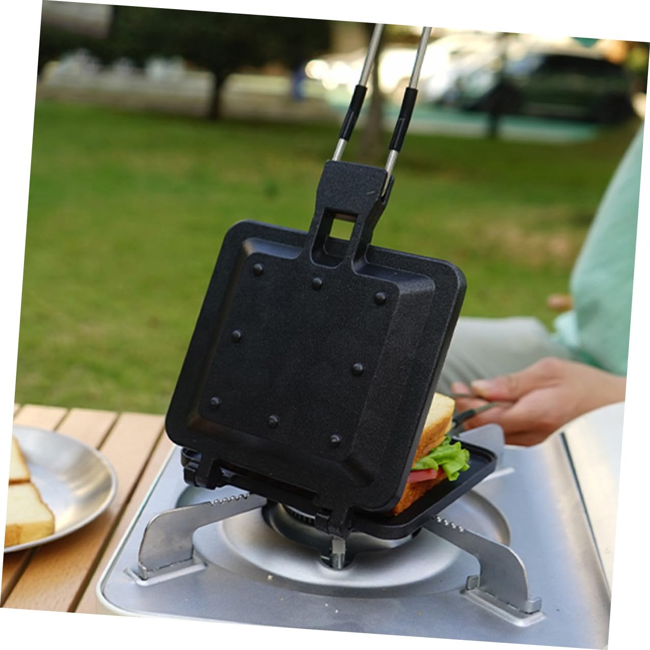 Lurrose Piastra per Panini Pieghevole Portatile in Lega di Alluminio Antiaderente Superficie Doppia per Cucina e Colazione Facile da Pulire