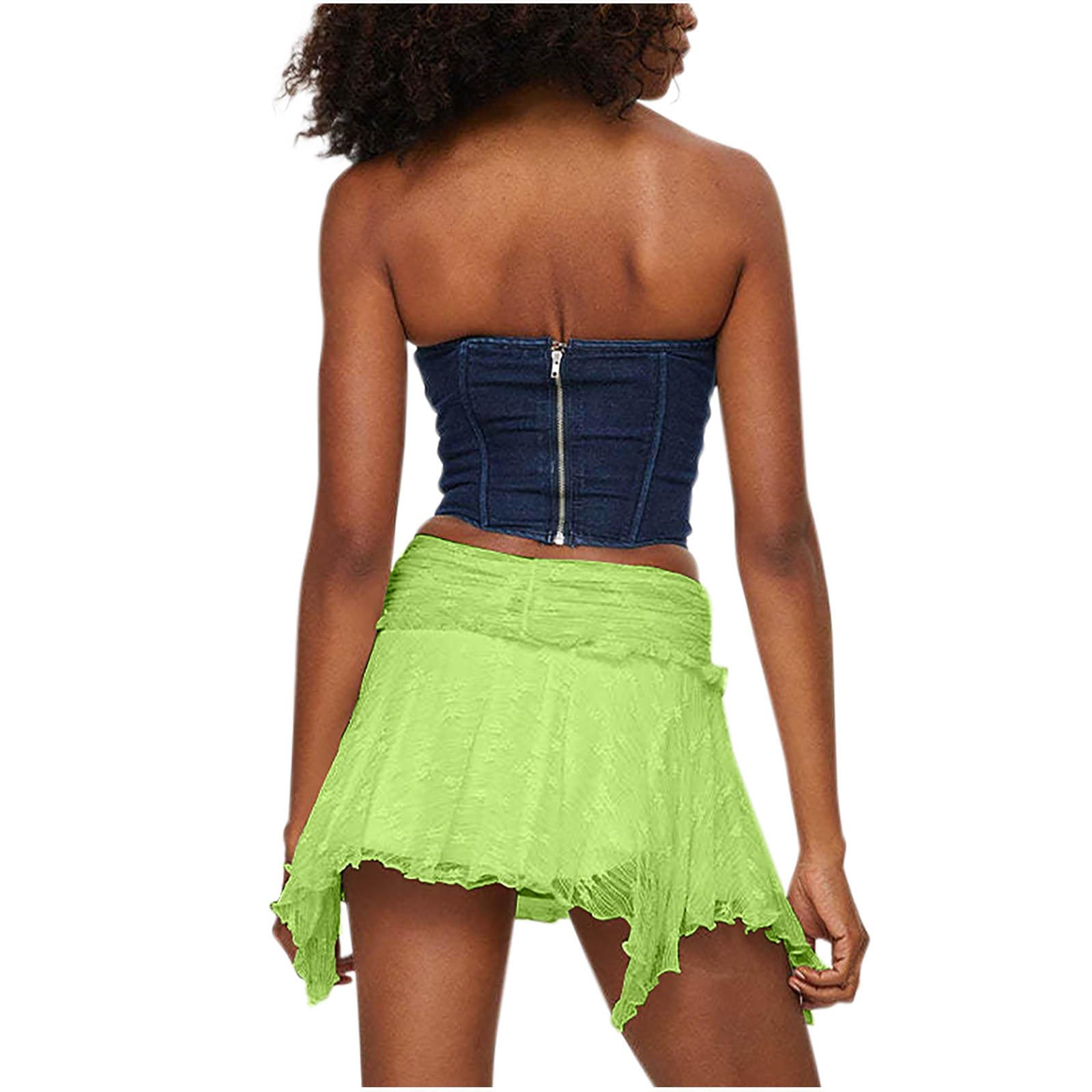 Womens Fairy Half Slip Skirts Low Rise Lace Y2k Pleated Ruffle Mini Short Skirt Flowy Asymmetrical Tiered Underskirt Green