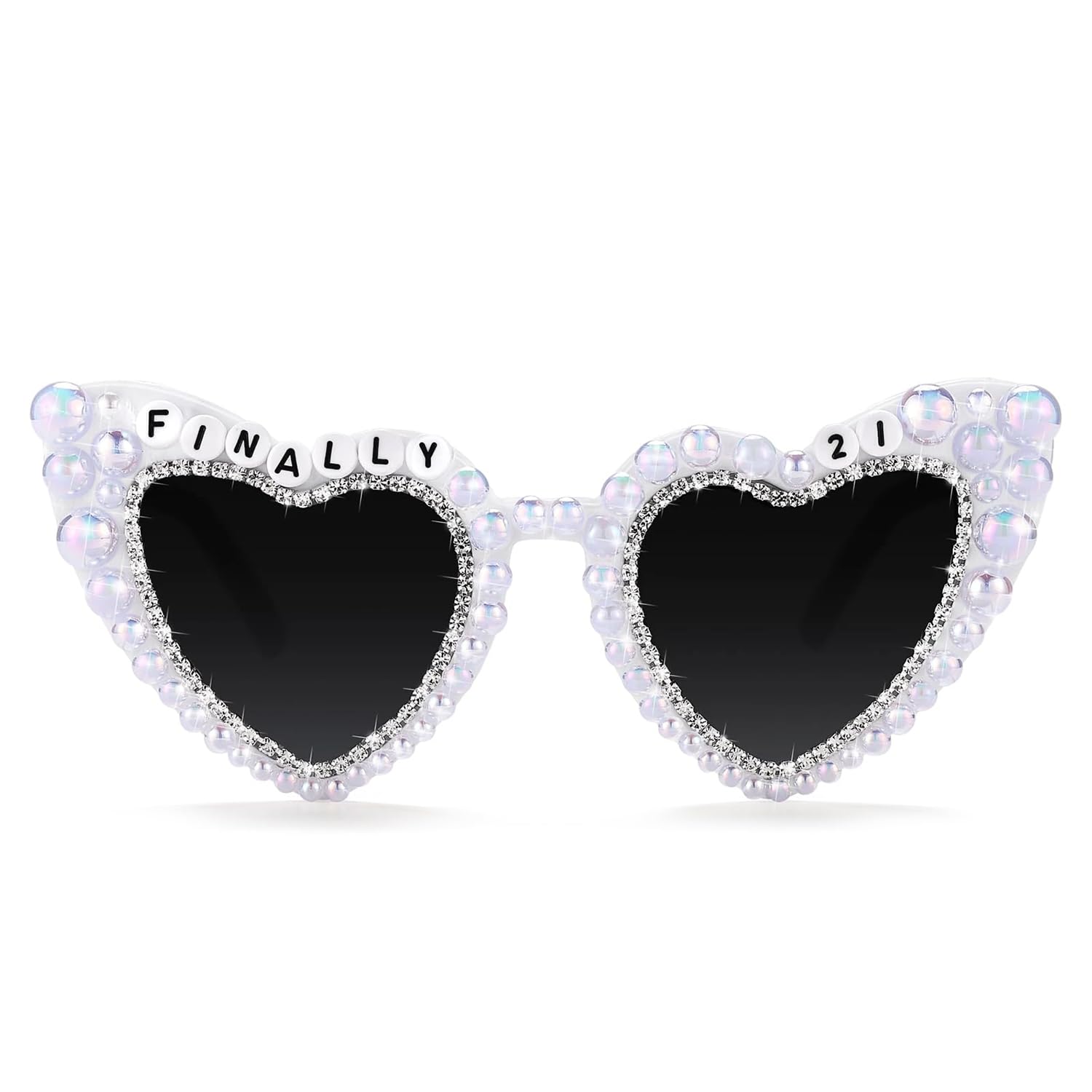 21st Birthday Glasses, White Heart Sunglasses for Women, FINALLY 21 Shiny Bling Diamond Pearl Sunglasses, 21 Years Old Birthday Party Gifts Supplies Eyeglasses Photo Props Accessories Favors