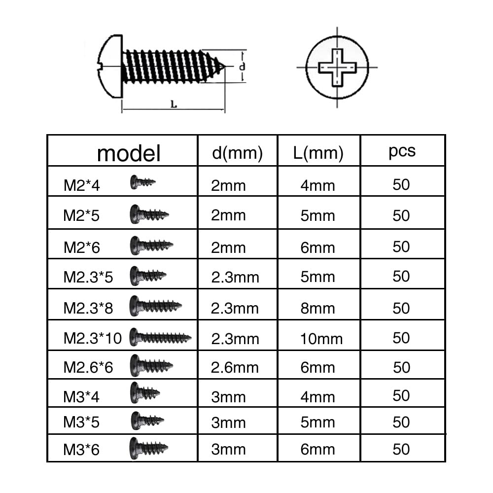 VooGenzek 500 PCS M2 M2.3 M2.6 M3 Cross Head Self Tapping Screws, Pan Head Micro Screws, for Plastic Wood Soft Metal (Black Miniature) - Image 2