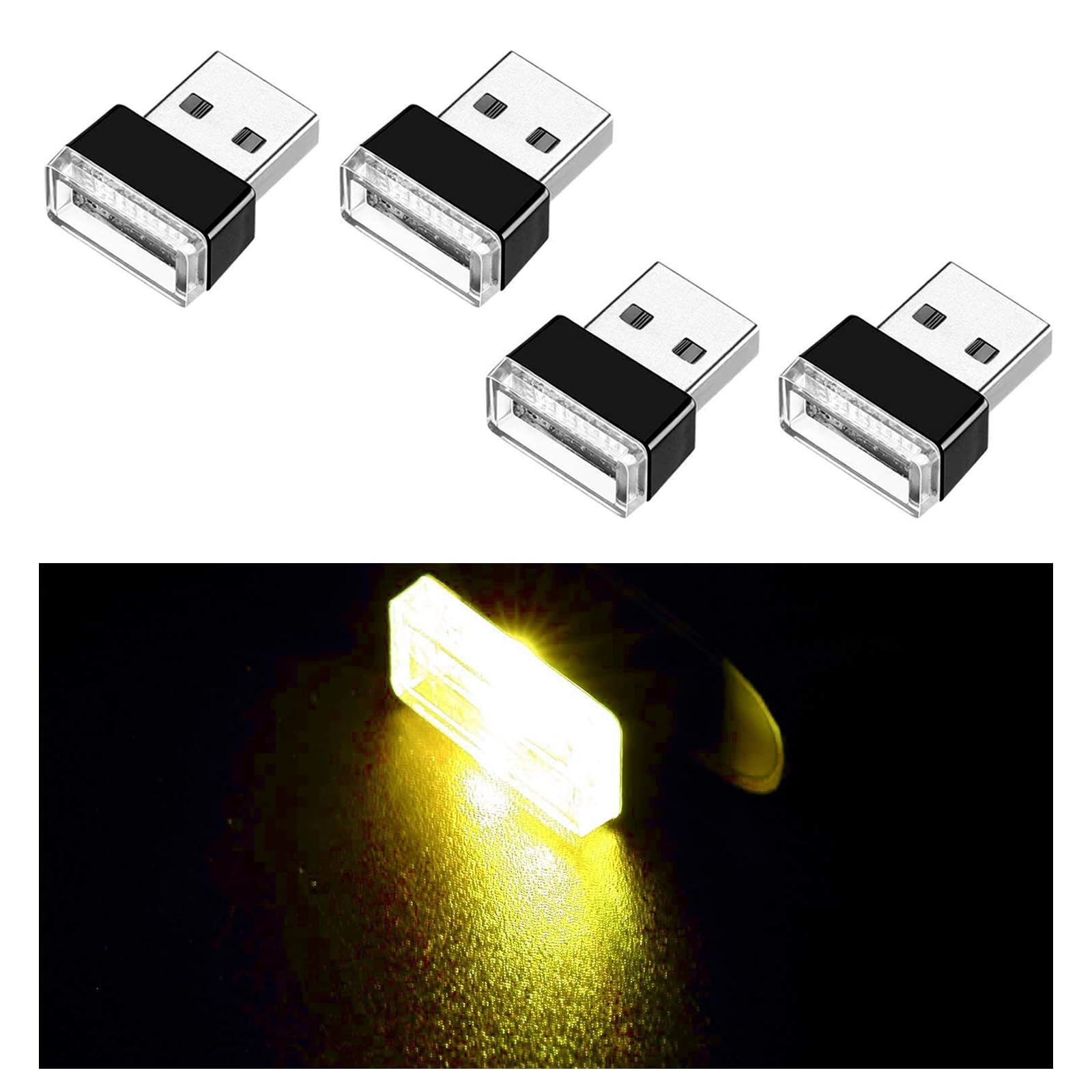 Ziciner4 PCS USB LED Car Interior Atmosphere Lamp, Portable Mini LED Night Light, Plug-in USB Interface Trunk Ambient Lighting Kit, Universal Car Interior Accessories (Yellow)