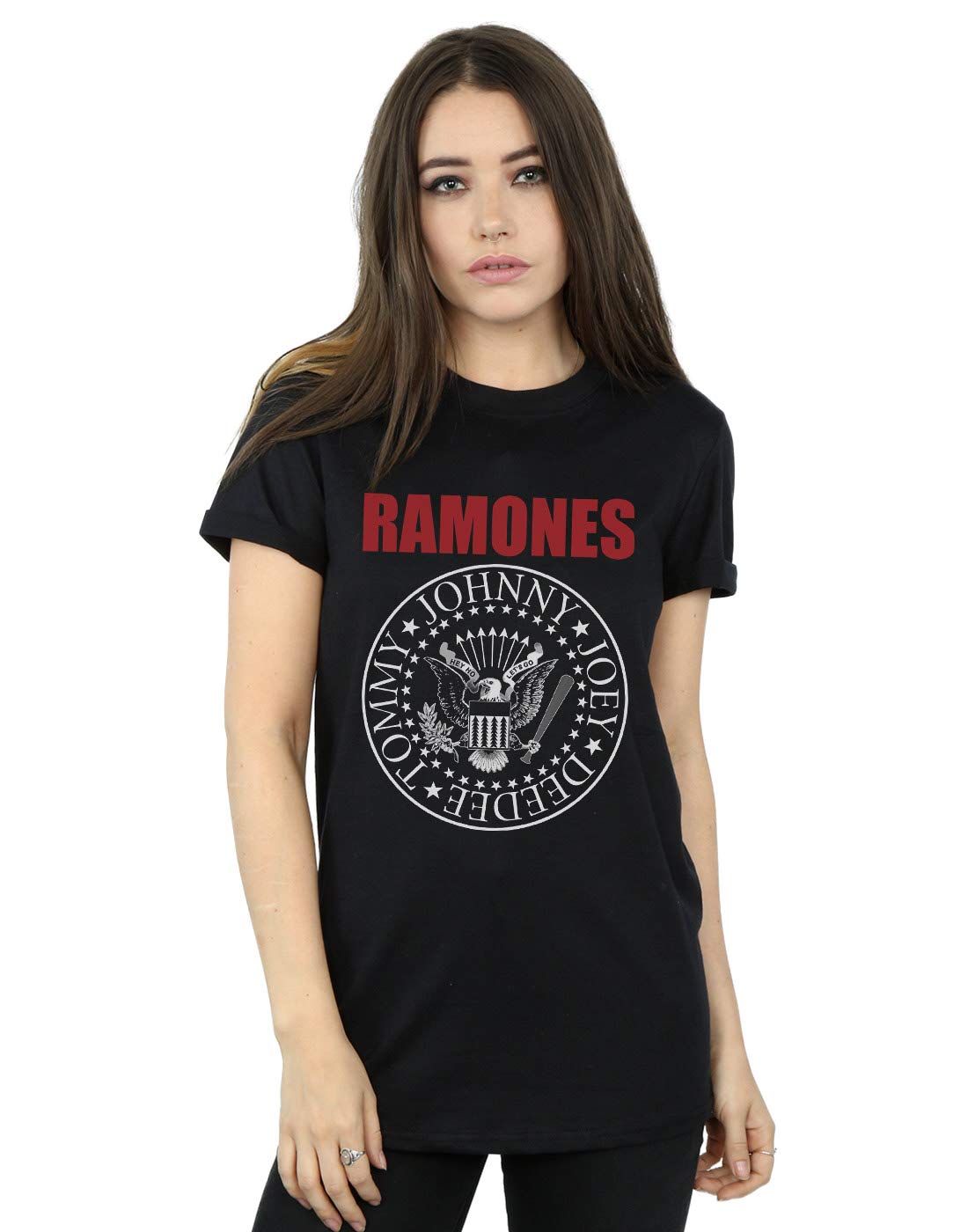Absolute Cult Women's Black Official Licensed Ramones Red Text Presidential Seal T-Shirt - Boyfriend Fit Punk Rock Tee Uk - Available In Multiple Uk Sizes - Machine Washable - Officially Licensed - Premium Quality