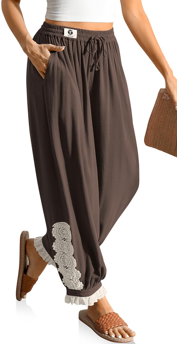 Women’s Linen Harem Pants Boho Loose with Lace Trim Casual Vintage Lantern Summer Travel Cropped Pants