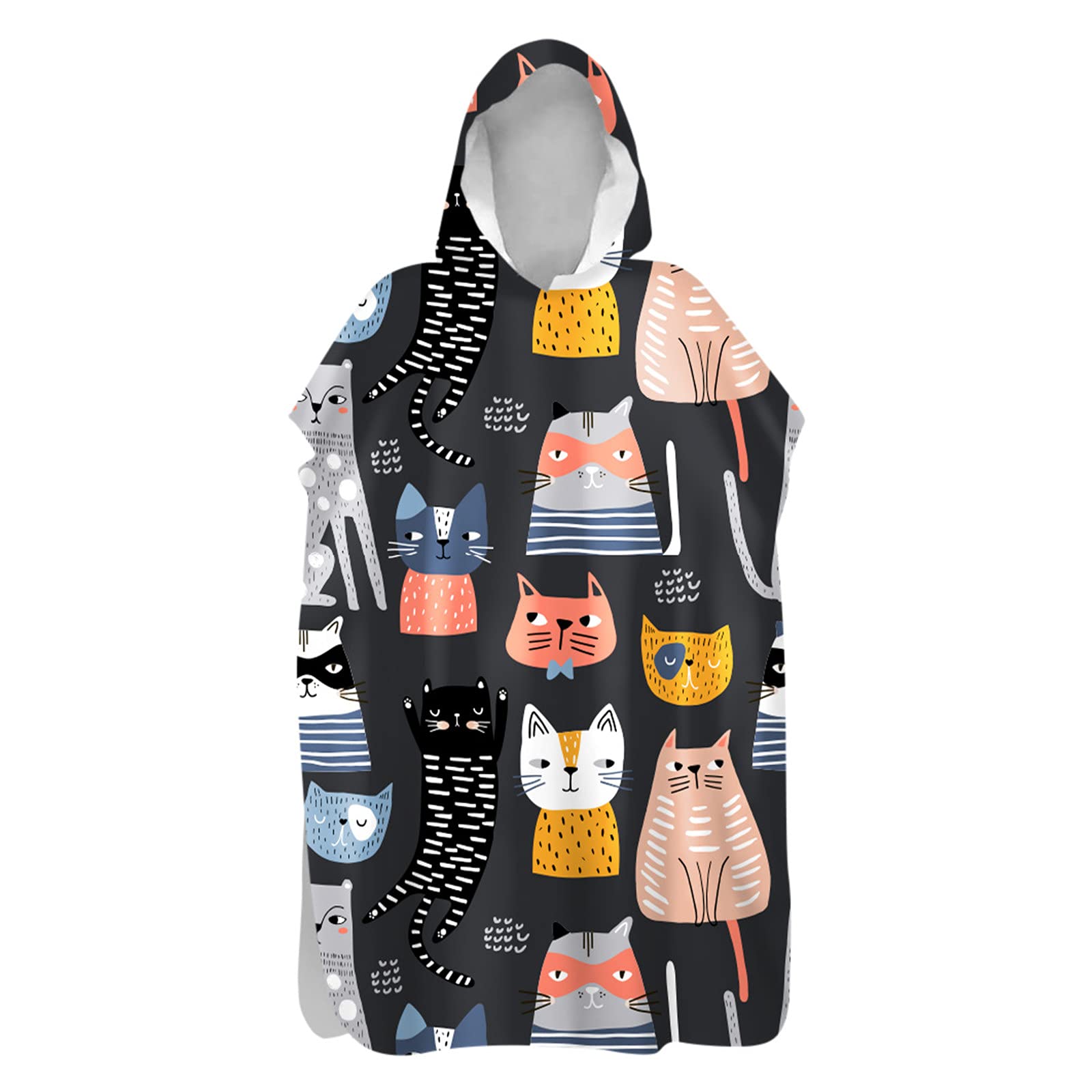 Chickwin Changing Dry Robe Towel Poncho for Adult Kid, Cat Printed Poncho with Hooded Swim Beach Towel Microfibre Beach Surfing Swimming Robe (Colorful cat,80x145cm)