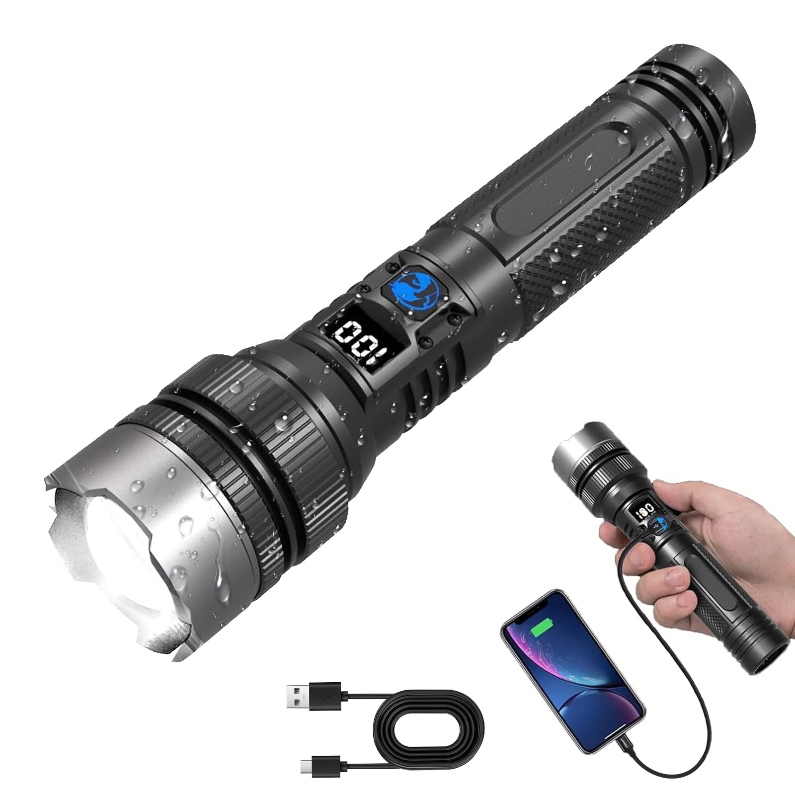 ALSTU High Brightness Rechargeable LED Flashlight:300,000 Lumens, Powerful Tactical Flashlights, 7 Modes With COB Light, IPX6 Waterproof For Camping, Emergency Situations