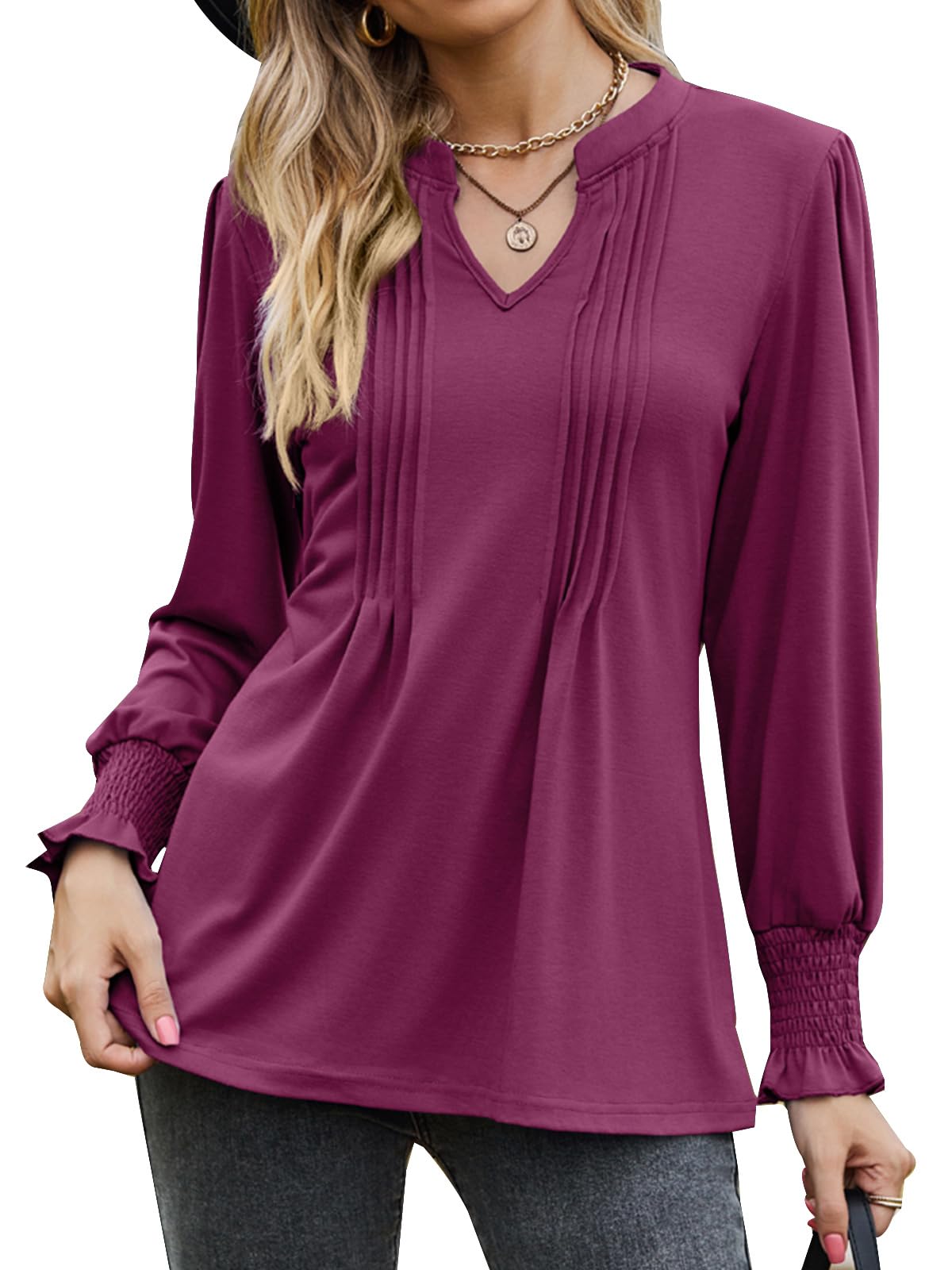 Zetieny Blusa de Mujer Manga Larga Camiseta Cuello en V Tops Camisa Plisada Informal con Volantes y Puños Fruncidos