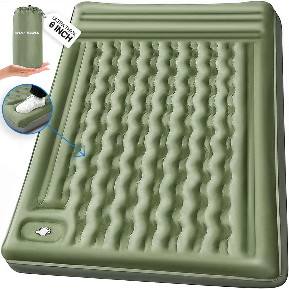 Self Inflating Double Sleeping Pad for Camping, 6 Inch Ultra-Thick 2 Person Pillow Built-in Foot Pump Waterproof Inflatable Sleeping Mat Backpacking, Tent, Hiking, Portable Camping Pad (Green)