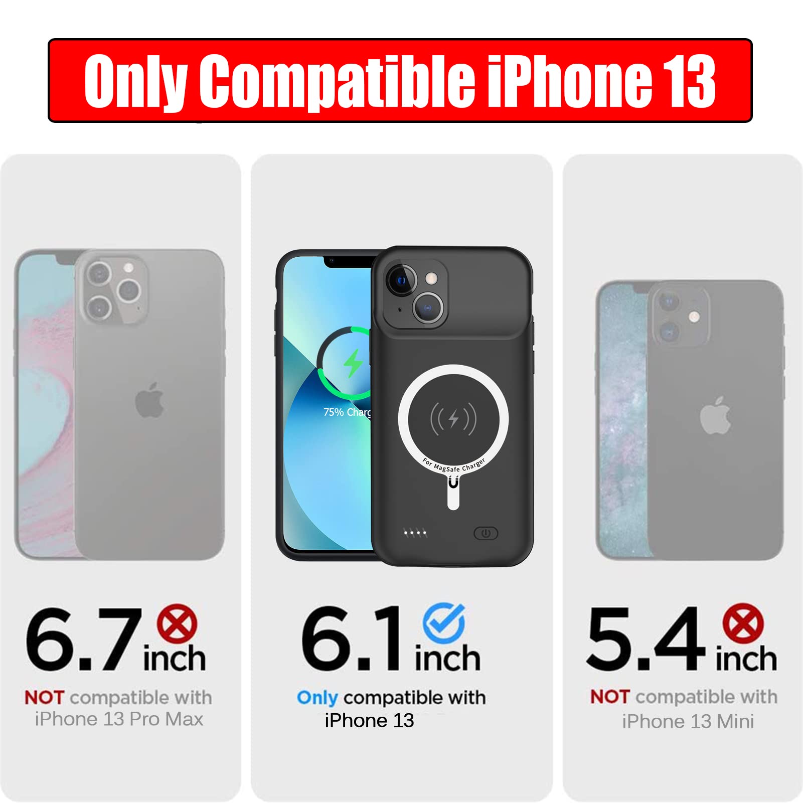 Battery Case for iPhone 13, Full Encircle 10000mAh High Capacity Rechargeable Portable Charger Case Extended Battery Pack Compatible with iPhone 13 (6.1 inch) Wireless Charging Case with Carplay-Black