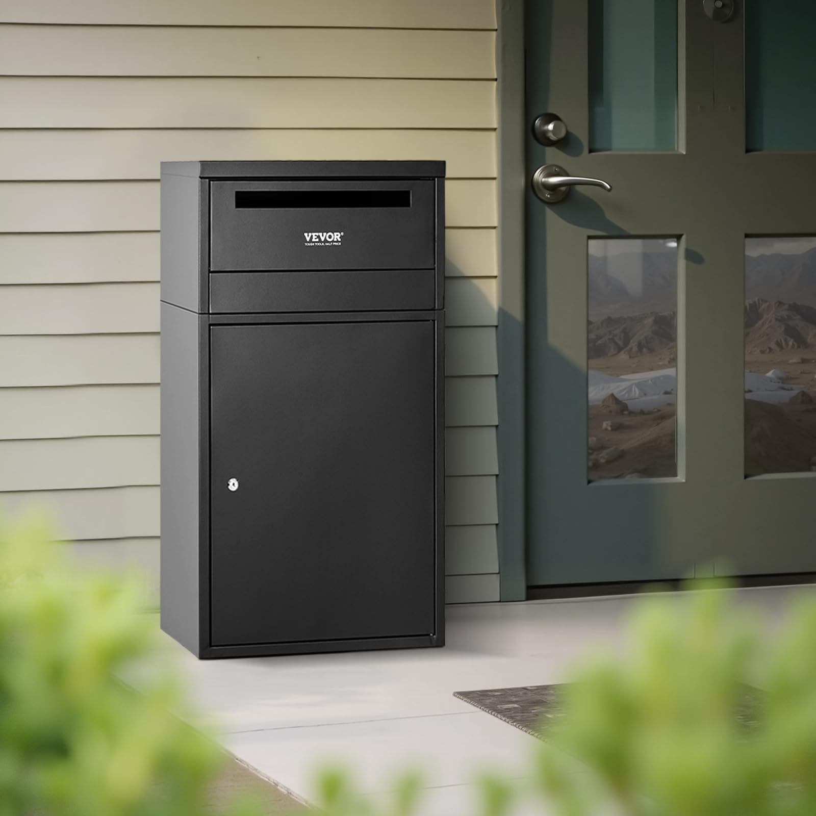 VEVOR Buzón de Correo para Paquetes de Exterior 500 x 325 x 909 mm Buzón con Cerradura de Acero Galvanizado con Diseño Antirrobo Resistente a la Intemperie para Hogar, Oficina, Porche, Negro