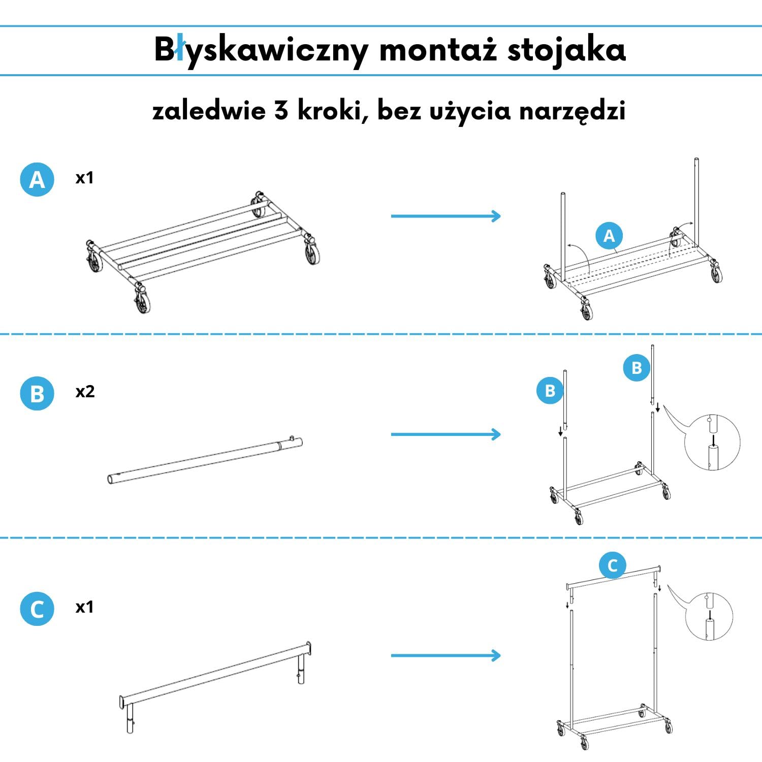 OGIVO metalowy wieszak - stojak na ubrania na kółkach - obciążenie do 130 kg – garderoba - stojak na ubrania solidny mocny #1 BIAŁY
