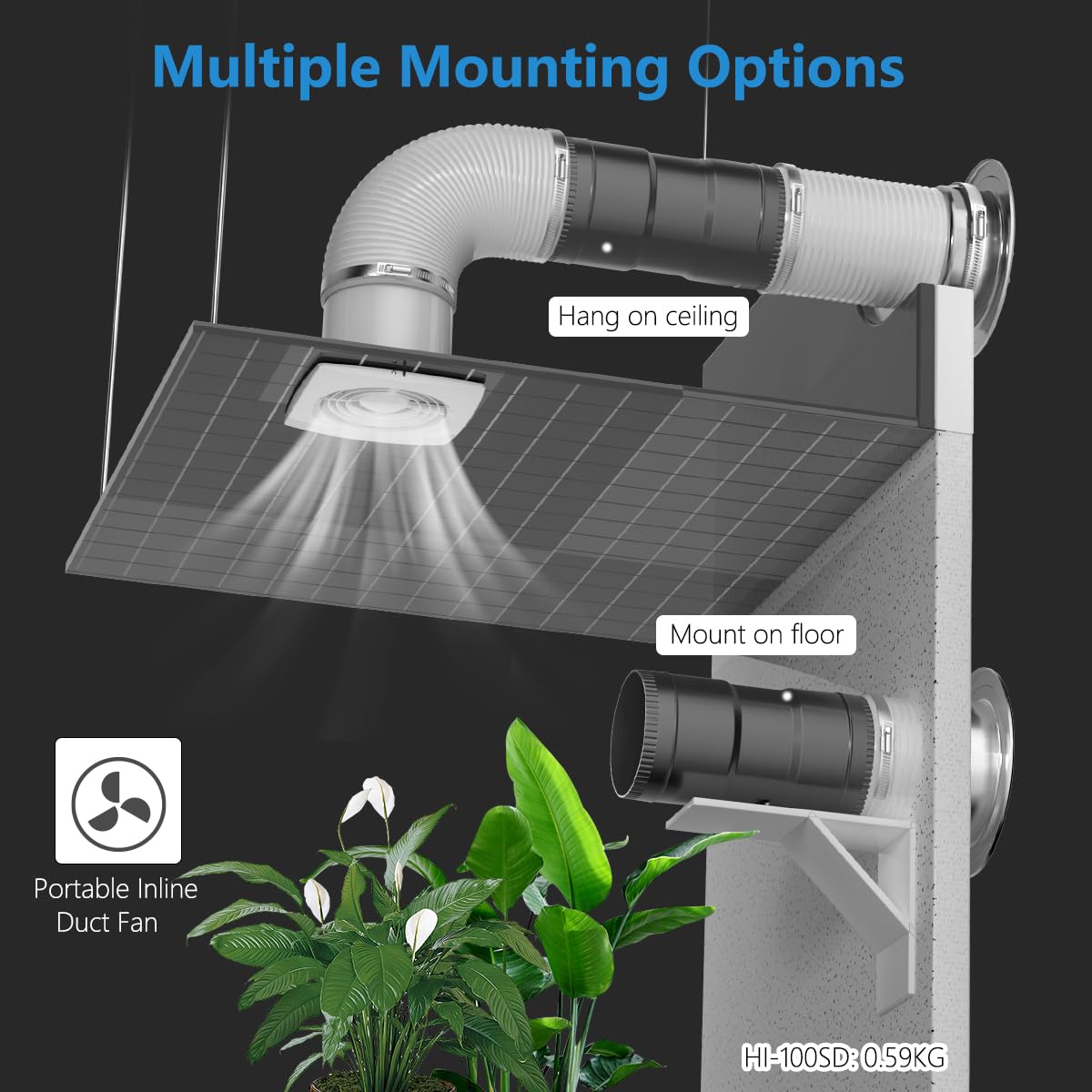 Hon&Guan 100 mm, 221 m³/h Ventilatore tubolare regolabile, ventilatore di scarico con spina regolatore di aggiornamento, per bagno, giardino d'inverno, serra, cantina, garage, cucina, nero