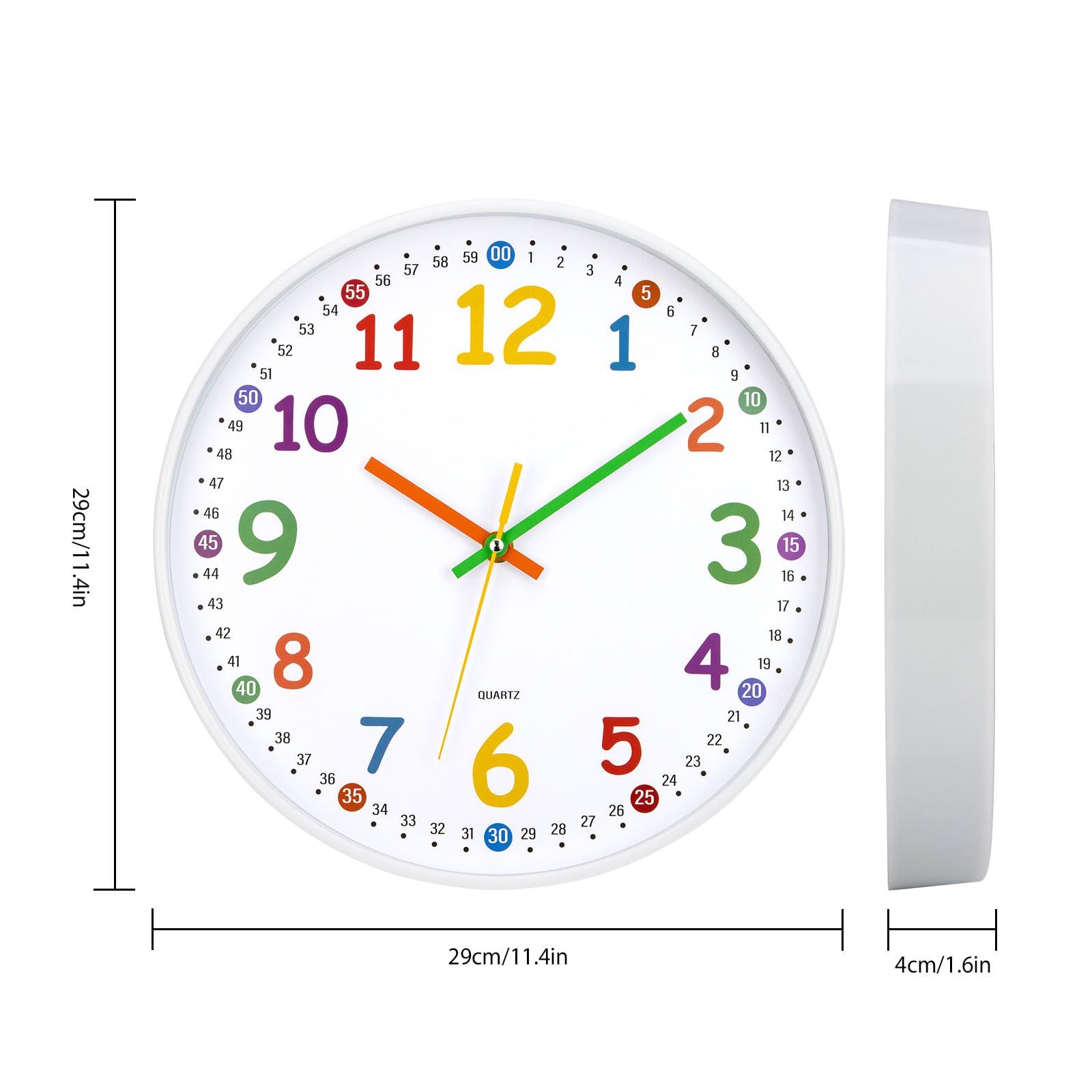 APIELE Orologio da parete da 12 pollici, con lettere colorate per bambini, moderno, venature del legno, al quarzo, non tempo, viaggi, senza ticchettio, orologio da parete per bambini, camera da letto