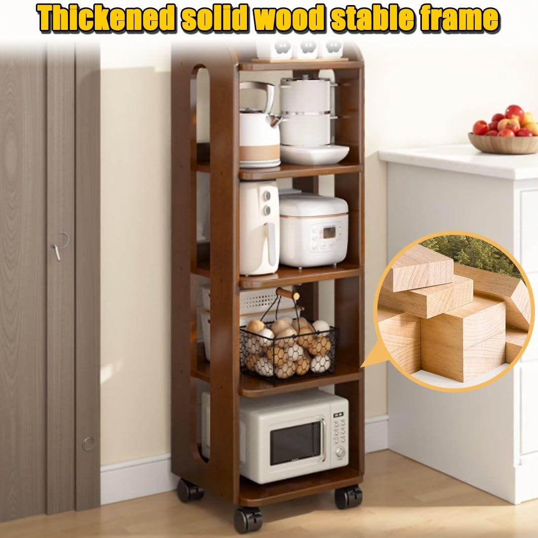 YVYKFZD Carrito de Almacenamiento Estrecho De Pie, Carro de Cocina Delgado De Madera, Carrito Auxiliar con Ruedas, Carro de Almacenamiento Organizador Independiente(Wood,4 Tier 18.1"x10.2"x39.1")