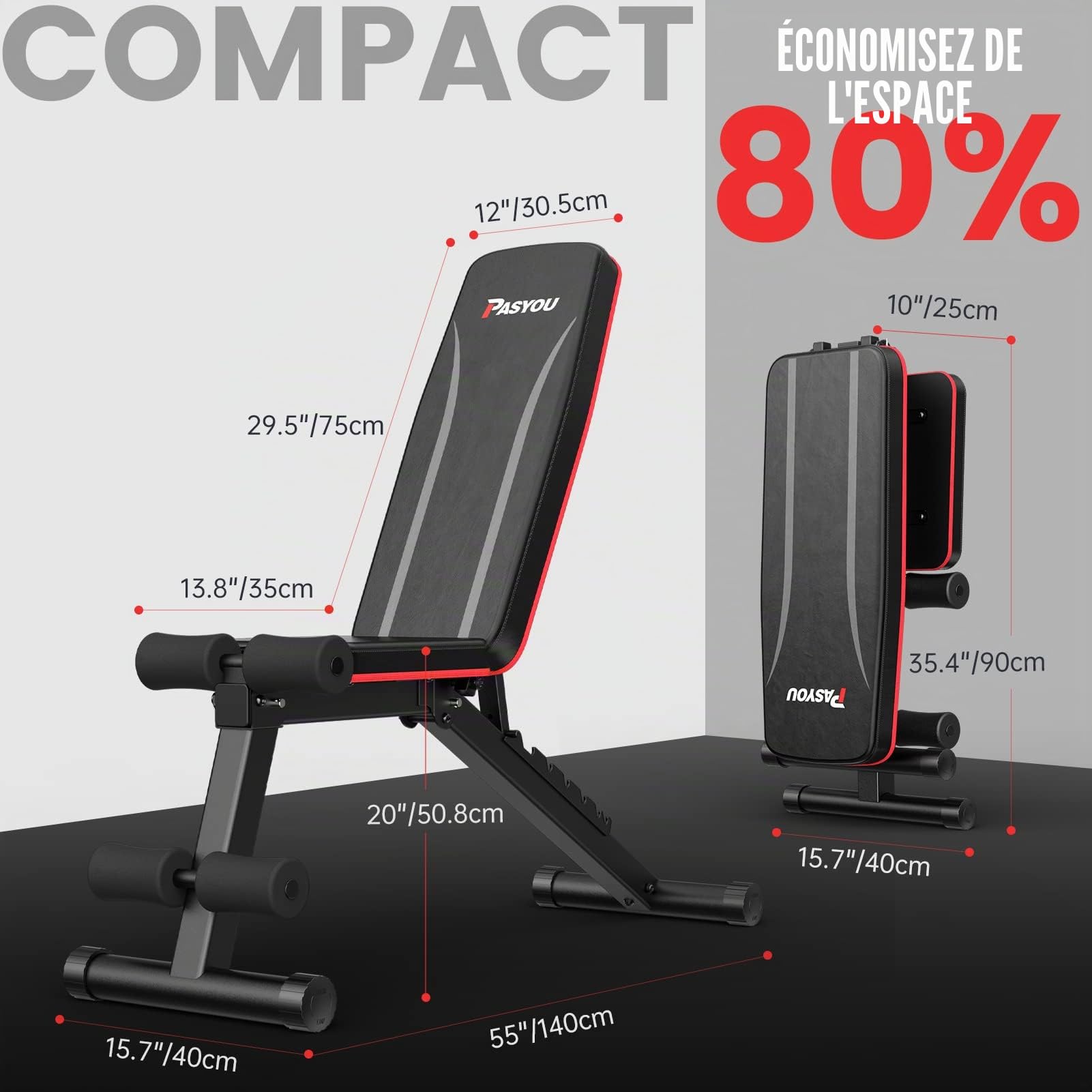 PASYOU Banc de Musculation Pliable, Banc Musculation Complet Inclinable Réglable, Multifonction 7 in 1 Banc Abdominaux Entrainement Complet du Corps Fitness，230Kg capacité de poids PA300