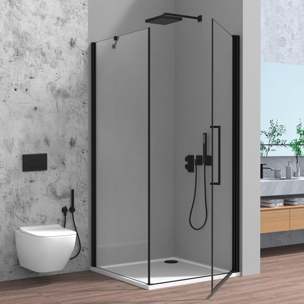 Box Doccia Angolare 80x80 Cm (H 195) Linea Neos - Porta Battente Con Lato Fisso - Cristallo Trasparente 6 Mm - Profili In Alluminio Nero