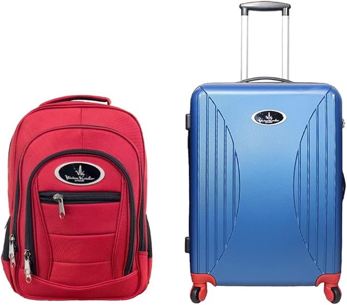 VK Vivien Kondor London (Combo de 2) Mochila inteligente de viaje + maleta de cabina ABS rígida con cerradura TSA, puerto de carga USB, Rojo + Azul, Juego de equipaje