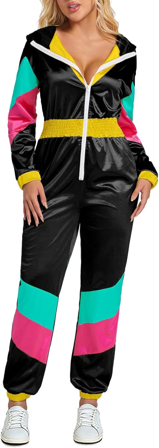 Yisfri Women's Color Block One Piece Retro Outfits 80s Elastic Waist Jumpsuit with Hood