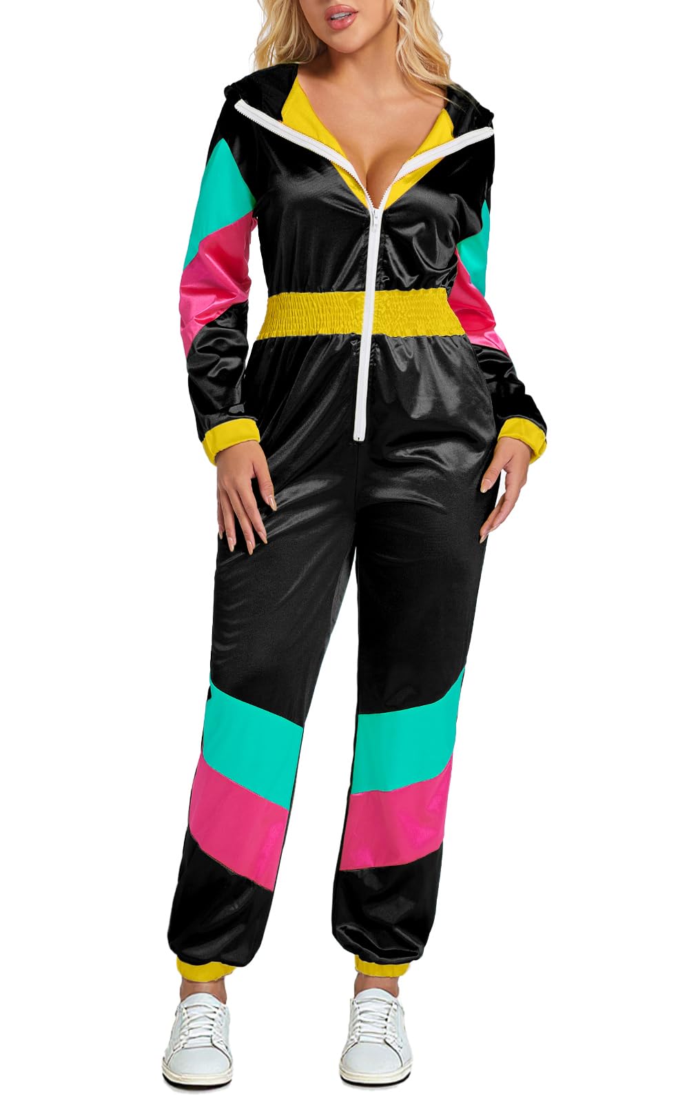 Yisfri Women's Color Block One Piece Retro Outfits 80s Elastic Waist Jumpsuit with Hood