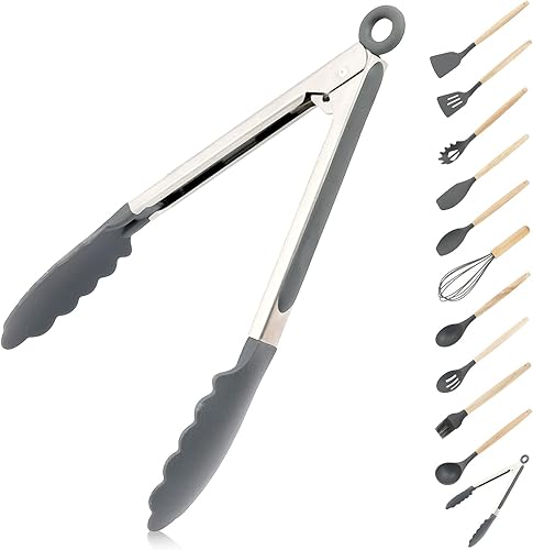 Pinza de silicona de 9 pulgadas pinza de acero inoxidable para cocinar con puntas de silicona pinza de cocina antiadherente para cocinar parrilla