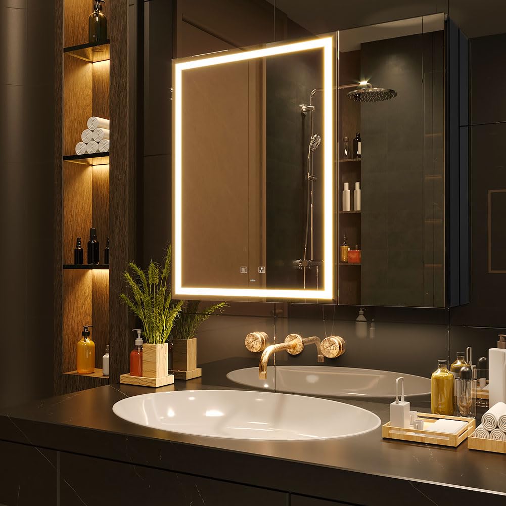 KWW 75 x 70 cm Gabinete de Baño Iluminado LED de Doble Puerta, con Espejo, Temperatura de Color Ajustable, Luz Antiniebla, Enchufe y USB, Fácil de Instalar