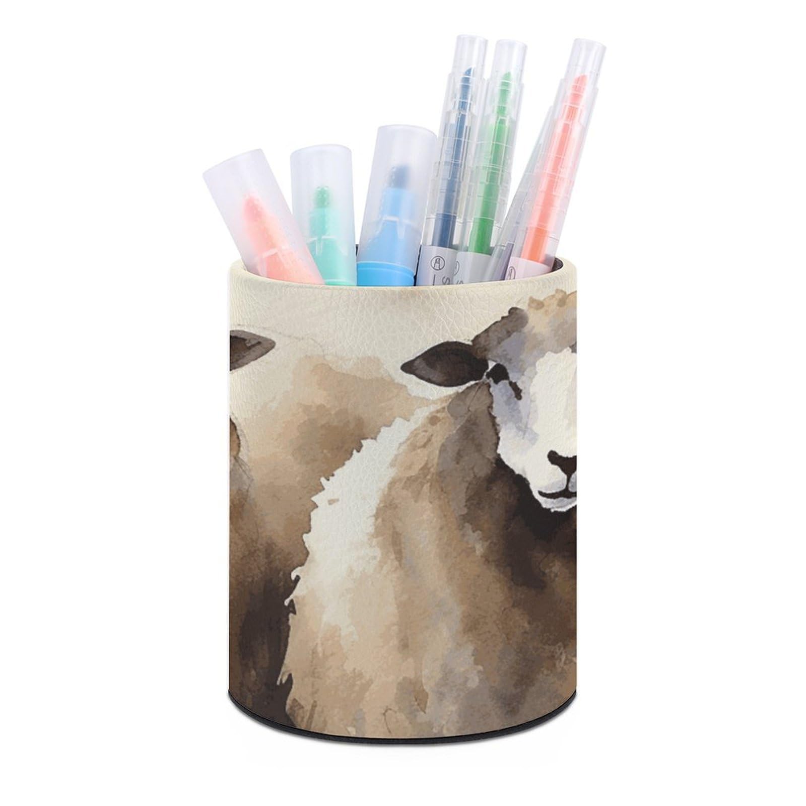 DWVTSLH Aesthetic Pen Holder for Desk - Modern Leather Pencil Holder - Stylish Round Makeup Brush Holder - Sheeps Watercolor Pen Cup Cute And Functional Desk Organizer for Office Supplies