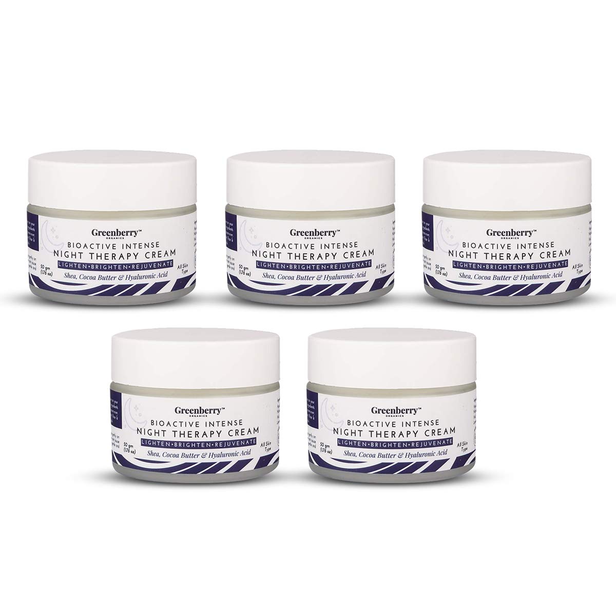 Greenberry Organics Bio Active Intense Night Therapy Cream with Shea, Cocoa Butter & Hyaluronic Acid, Lightens, Brightens & Rejuvenate, Anti-Ageing, Wrinkle Control, 50 Grams x 5 Jar, Pack of 5