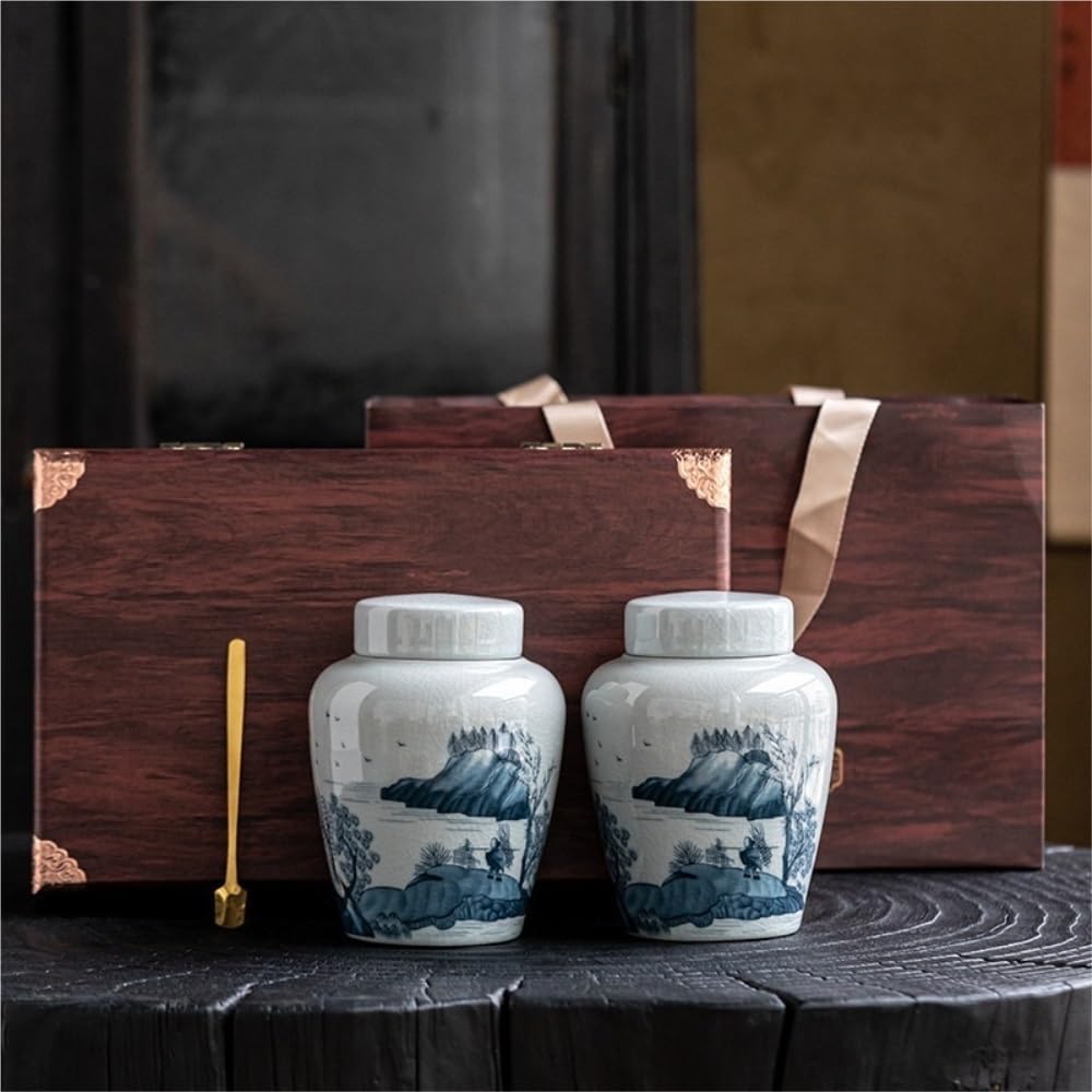Contenitore per il tè in ceramica, creativo, barattolo per la conservazione del tè sfuso, set da tè cinese retrò, set da due barattoli, barattolo in ceramica da cucina con coperchio, contenitore per