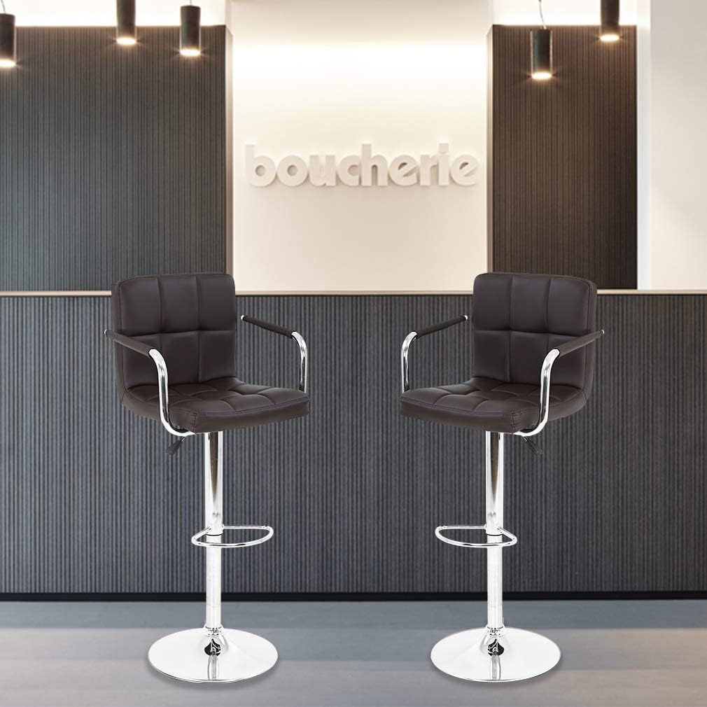Bar Stools Set of 2 PU Leather Bar Chairs with Arms and Back Swivel Counter Height Stools Adjustable Bar Stools Bar Chair Kitchen Stool Island Stools, Brown