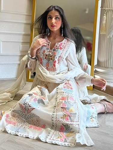 Elegant Women's Faux Georgette Kurti Palazzo Set in White & Black with Embroidered Details - Size S to XL - Image 3