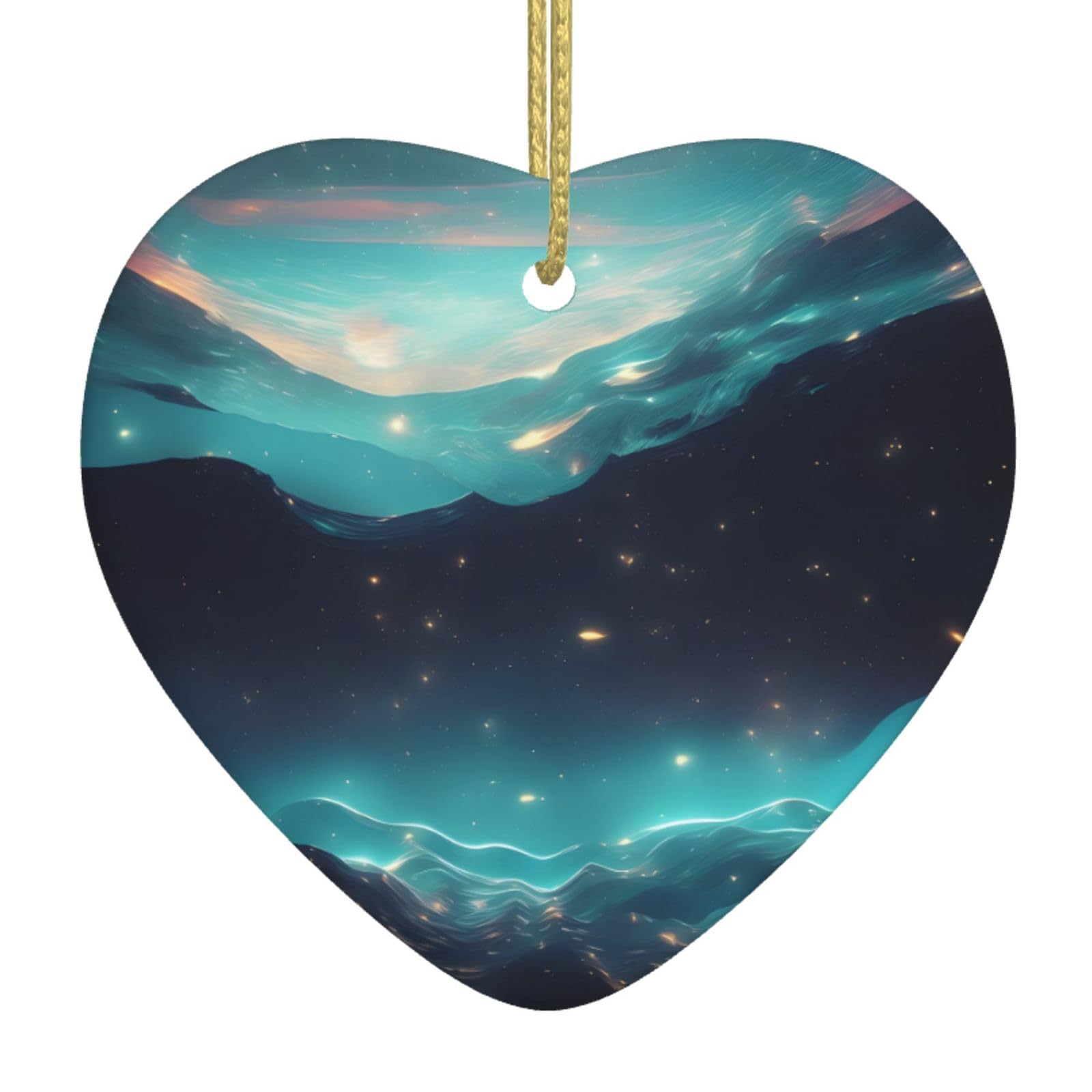Science Fiction Stars Ceramic Christmas Heart Pendant with Silk Thread, Christmas Tree Home Decoration