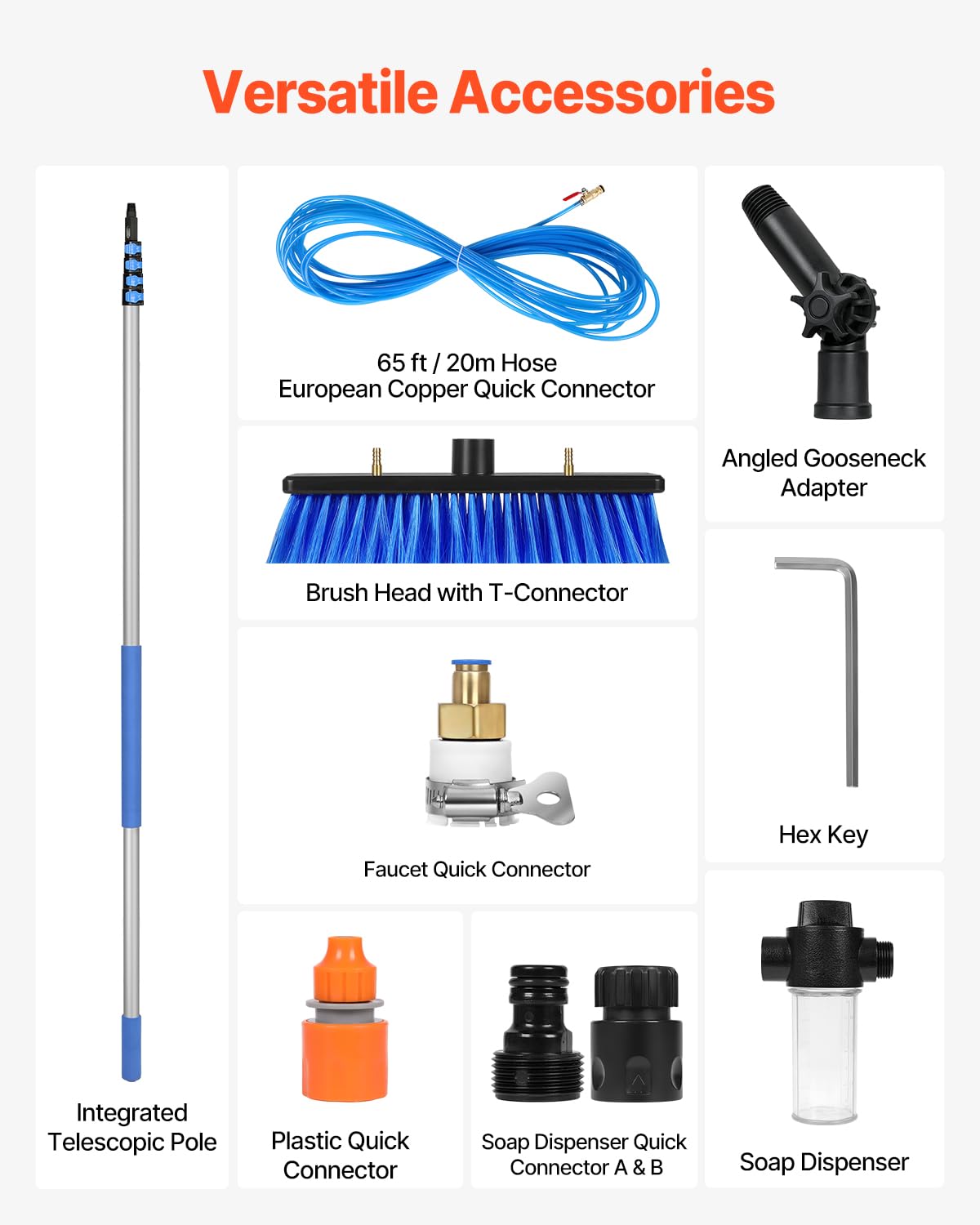 VEVOR Kit Palo Alimentato ad Acqua, Palo per Pulizia dei Pannelli Solari 9 m con Manico Estensibile, Testina della Spazzola Girevole a 180° Tubo Flessibile 20 m, per Ponte Pannello Solare Roulotte