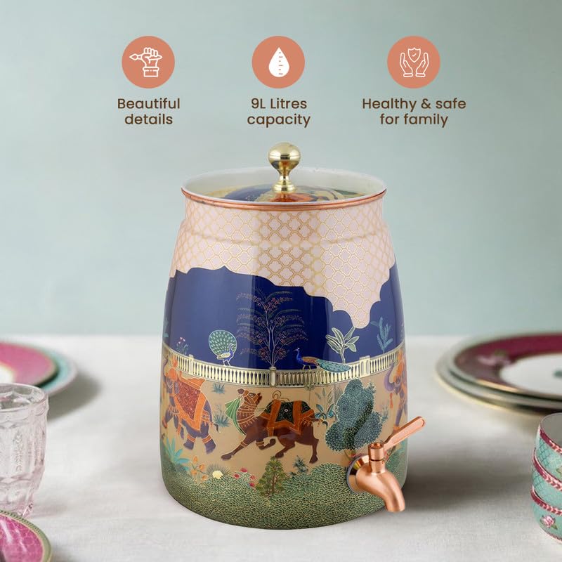 Image of VIP Copper Matka | Decorative Drinking Water Pot with Tap | Beautiful Printed Design | Healthy Storage for Home & Kitchen | Large 9 L Capacity