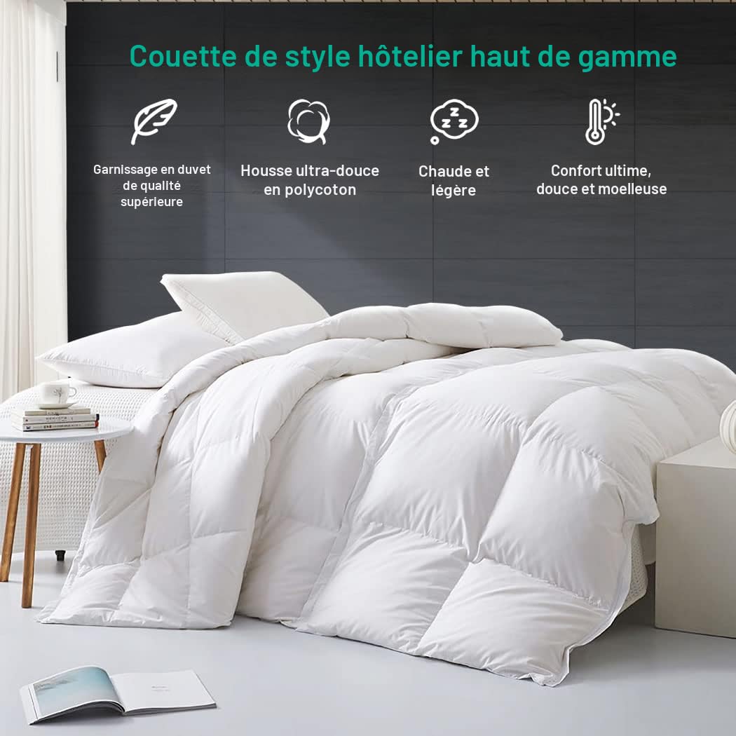 APSMILE 4 Saisons Couette en Plumes et Duvet d'oie 220x240 cm, Ultra-Soft Hotel Collection, Naturelle Chaude pour lit 2 Personnes, 8 Onglets d'angle (Blanc)