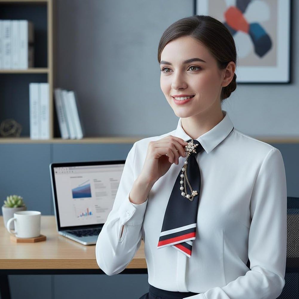 Adjustable Tie for Women, Beaded Pearl Tie Preppy Double-layer Necktie for Casual Business Birthday Party Daily Wear