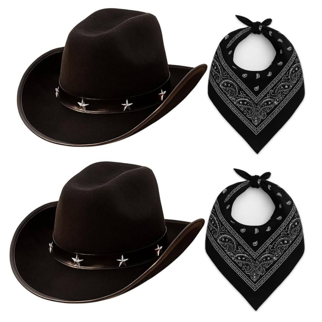Adults Cowboy Accessory Set - Pack of 2 - Black Star-Studded Cowboy Hat and Black Paisley Bandana - Mens Womens Wild West Western Bandit Fancy Dress Costume Accessory โ image 1