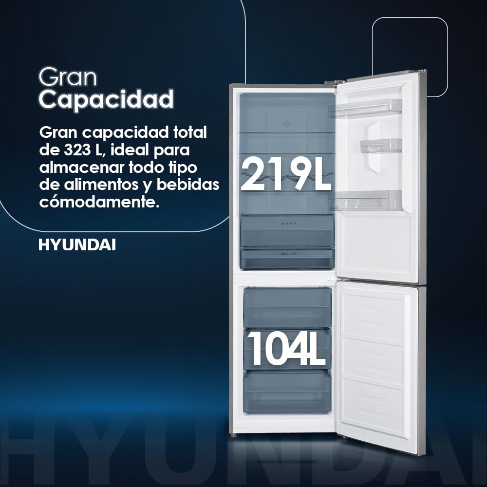 Hyundai Frigorífico Combi Inox, 2 Puertas HCB18560NCDI01, Capacidad 323 Litros, No Frost, Multi Air Flow, Bajo Nivel Sonoro, Puerta Reversible, Clasificación Energética C