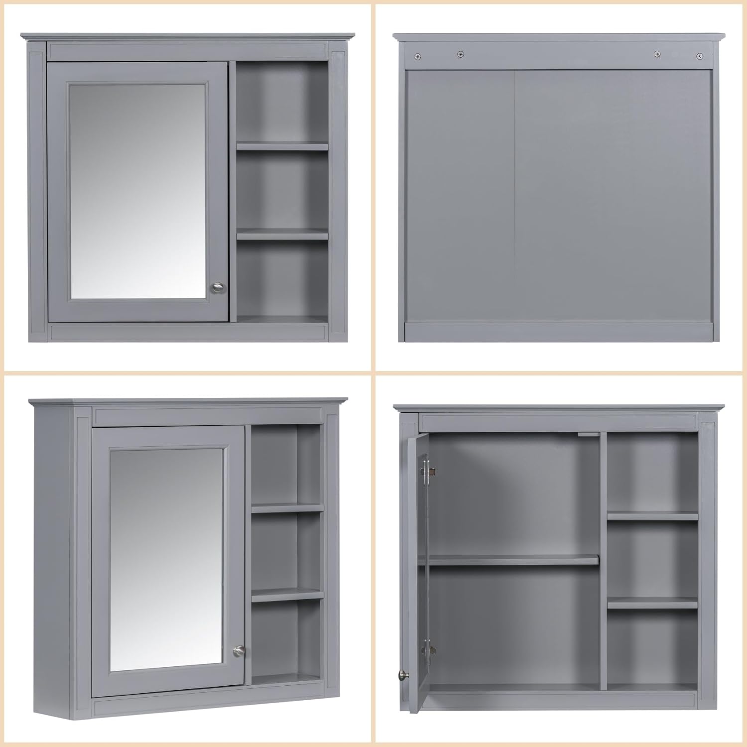 Merax Bathroom Medicine Cabinet with Mirror 30x28 Inch, Wall Mount Bathroom Storage Cabinet with 3 Open Shelves, Over Toilet Storage Cabinet Organizer, Small Mirrored Bath-Room Wall Cabinet, Grey