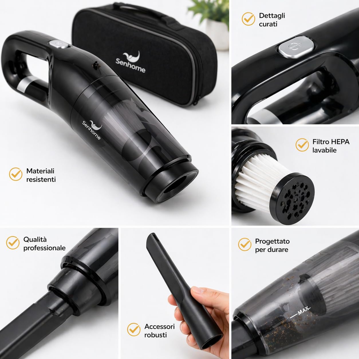 Aspirabriciole Senza Fili Ricaricabile - Pulizia Rapida di Cibo, Peli e Tappeti - Aspirazione Potente e Filtro Hepa Lavabile - Batteria 2000 mAh, Serbatoio 350 ml, Accessori e Borsa Inclusi