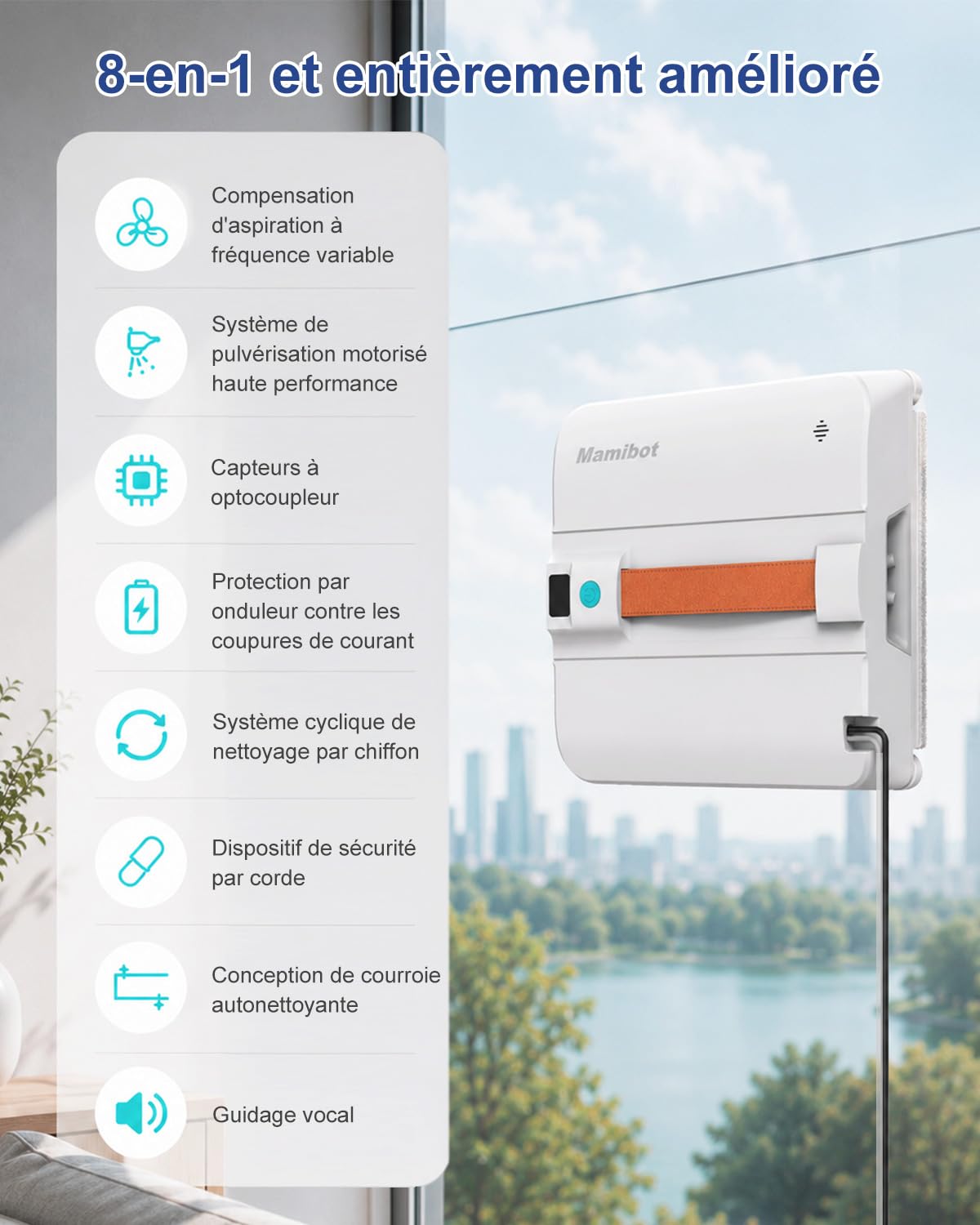 Mamibot W120-DP Robot Nettoyeur Vitre, fonction pulvérisation, planification intelligente du trajet, jet d'eau double croix, télécommande et application pour le nettoyage des vitres, blanc/bleu
