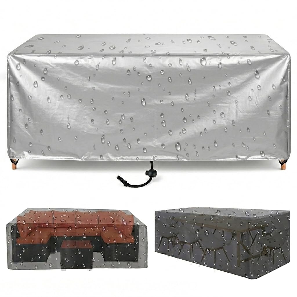 ZDLLDZ Rectangular Garden Furniture Cover 335x235x30 cm 420D Heavy Duty Oxford Fabric Waterproof Patio Table and Chair Set Cover, Rip-Proof Outdoor Sofa Protector, Silver