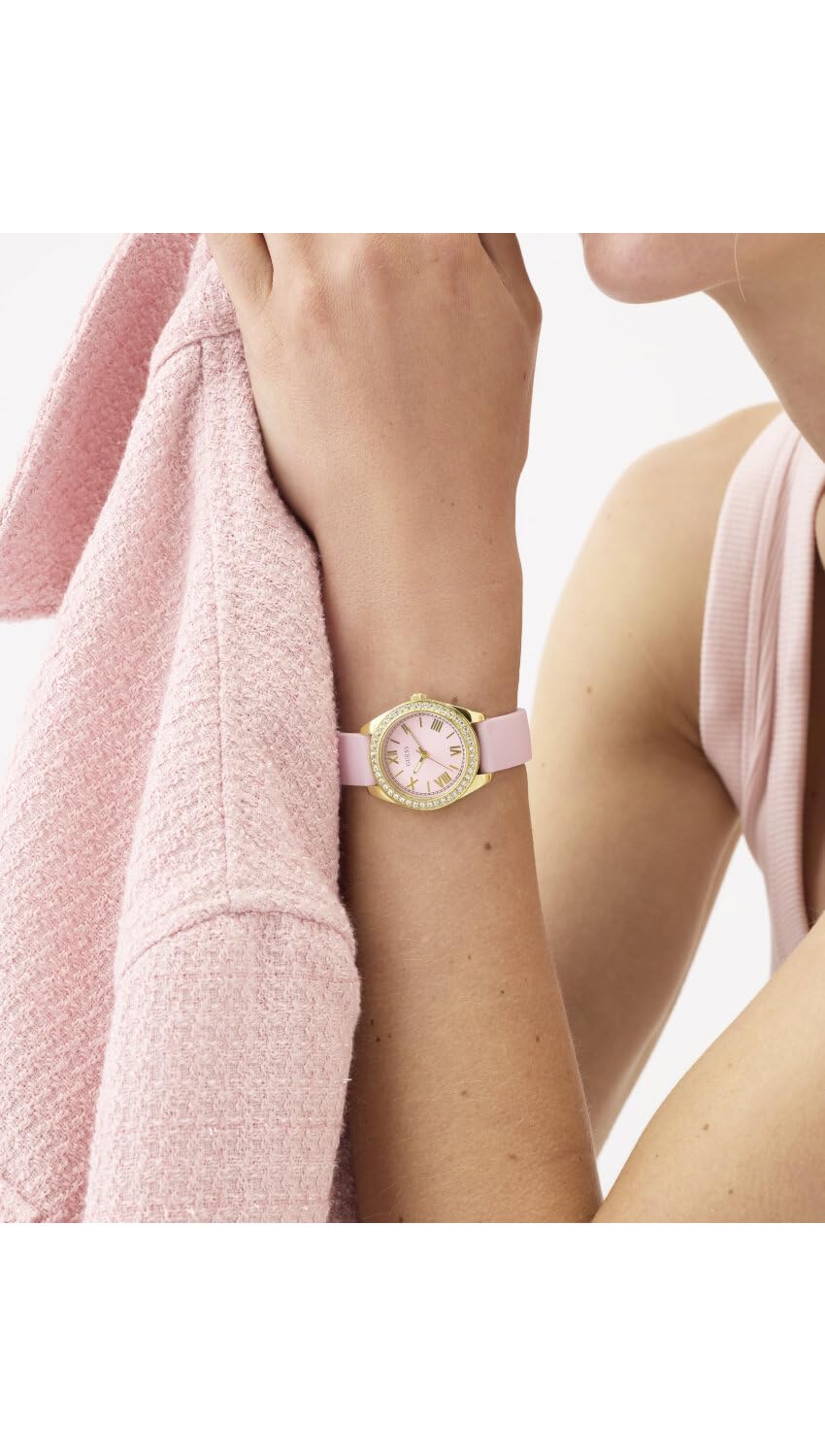 Guess Reloj de Pulsera para Mujer GW1000L2 Mini Luna de 30 mm, Acero Inoxidable Dorado, Esfera Rosa, Cuarzo, Cristal Mineral, circonita, 3 ATM, Correa de Silicona Blanca de 14 mm