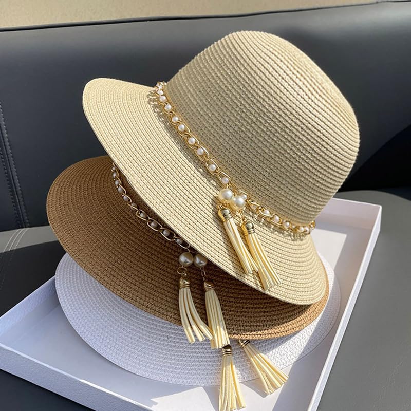Cappello da Paglia Intrecciata per Donna,Cappelli da Sole Traspirante in Paglia Intrecciata a Tesa Larga con Decorazione di Perle,Cappello da Spiaggia Traspirante per Attività All'Aperto,Viaggi,Vaca