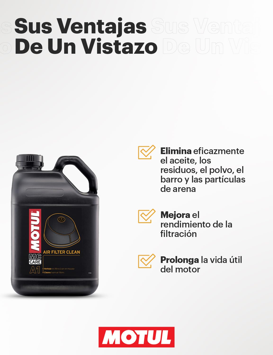 MOTUL - Limpiador para Filtros de Aire en Espuma - Compatible con Moto Cross, Enduro, Trial, Trail, Quads - Limpia en Profundidad - Secado Rápido - MC Care Air Filter Clean A1-5 L