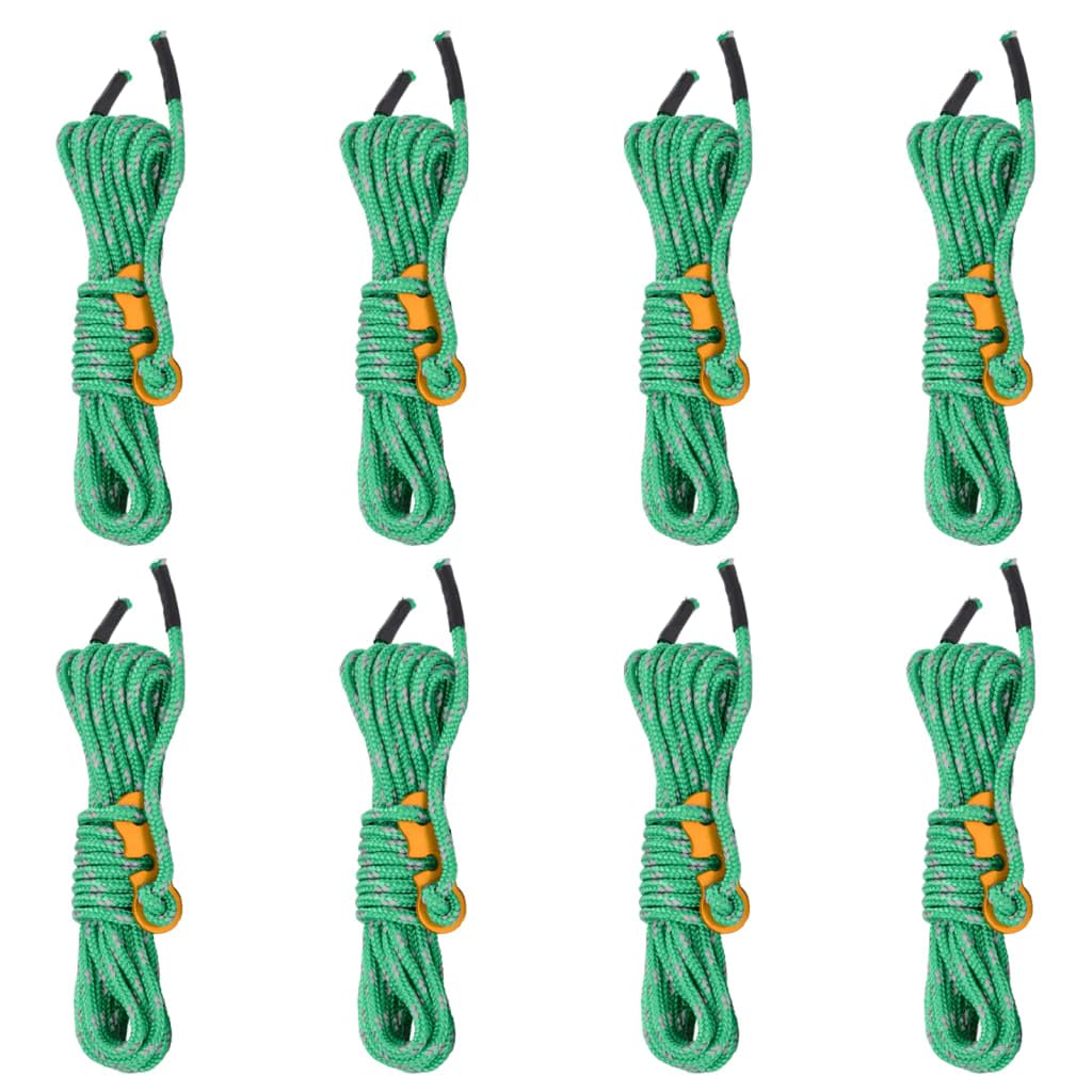 Reflektierende Abspannleine aus Polypropylen mit Seilspannern 8 STK, 4 m lang, 4 mm stark, mit Aluminiumspanner zum Zelt aufbauen, Camping, Sturm sichern