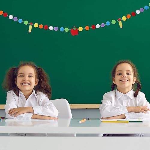 Miniatura 5 de AnyDesign Cartel de fieltro de regreso a clases de 8.2 pies, bonito lápiz 3D de manzanas, guirnalda de pompones coloridos para colgar, guirnalda de