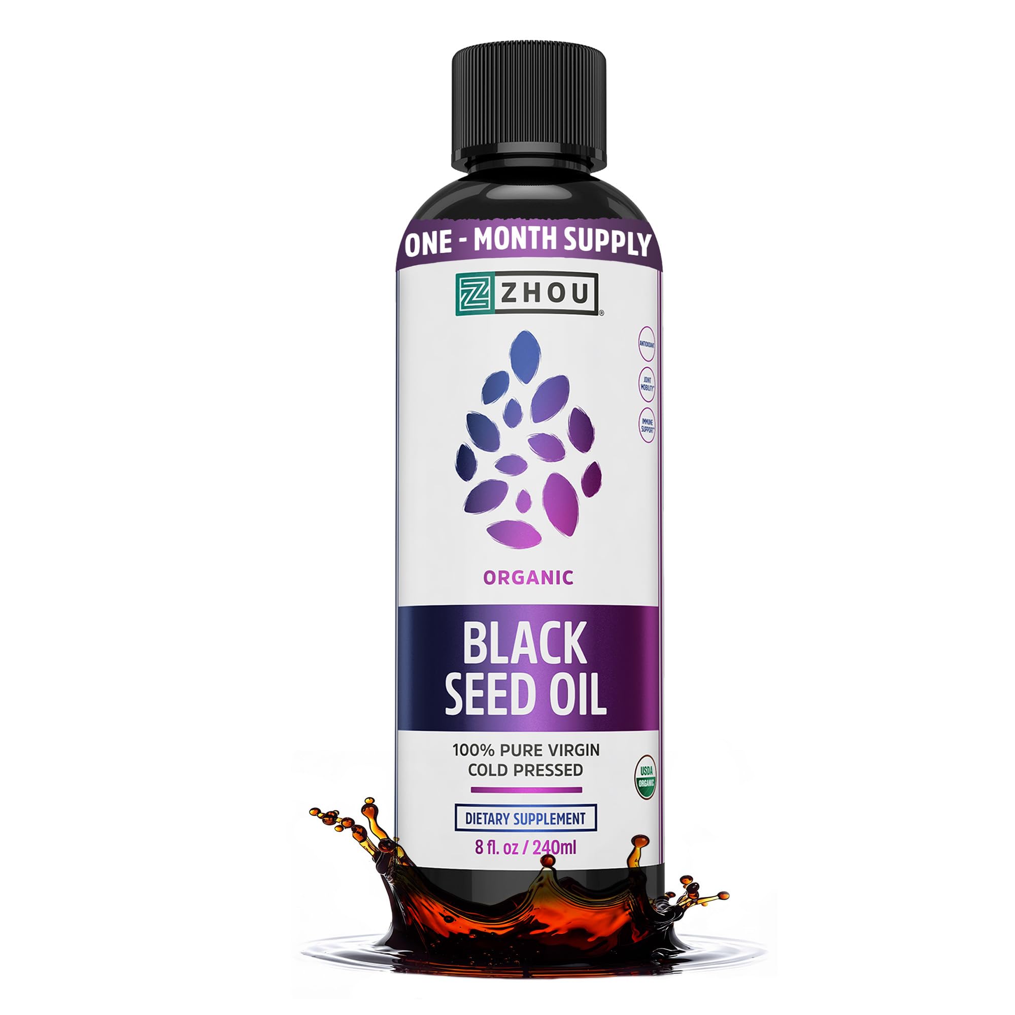 Zhou Organic Black Seed Oil - Black Cumin Seed Oil Cold Pressed, Nigella Sativa, Pure Unrefined Blackseed Liquid, Premium Supplement for Health with Thymoquinone, Omega 3 6 9 - 8 Fl Oz (Pack of 1)