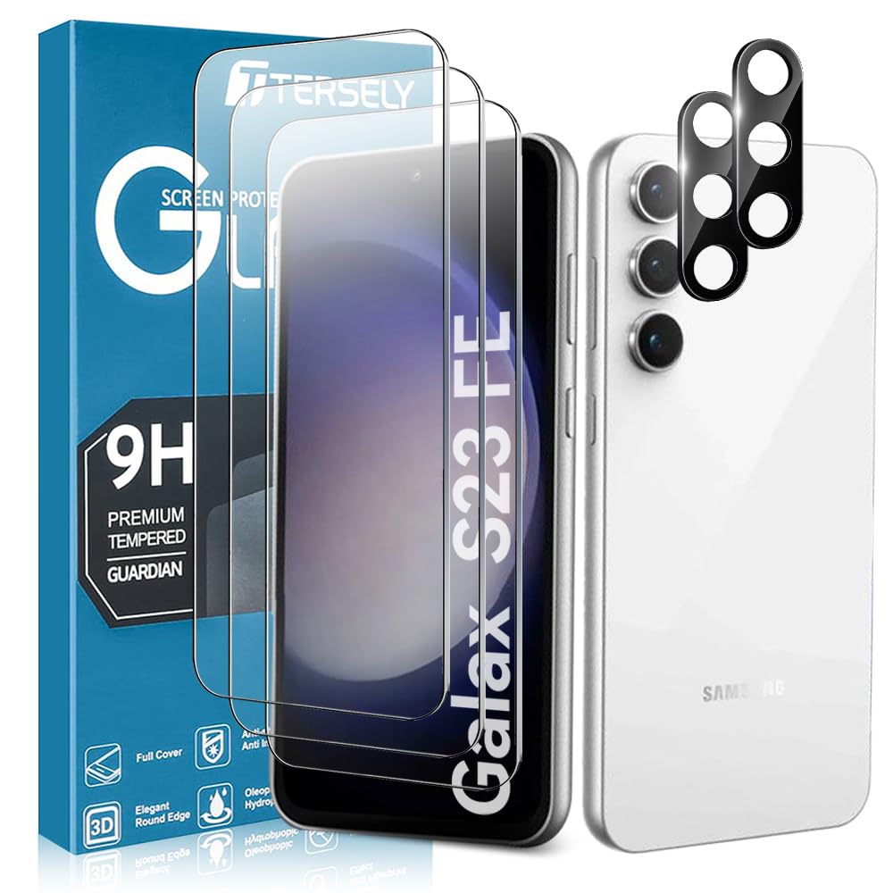 T Tersely 【3+2 Pack】 3 Pack Screen Protector for Samsung Galaxy S23 FE 5G with 2 Pack Camera Lens Protector, Tempered Glass Film, 9H Hardness, Shatterproof Anti-Scratch Film Screen Protector