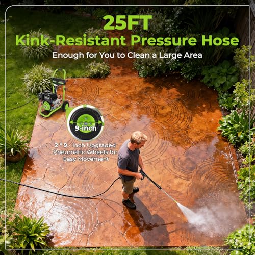 Professional 4200PSI 4GPM 212CC Gas Pressure Washer, 7.0HP Heavy-Duty 3600RPM Commercial Gas Power Washer with 1000ML Foam Bottle 9" Wheels 5 Nozzles 25FT Hose for Car(EPA/CARB/ETL Compliant), Green - Image 4